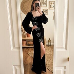 Show Me Your MuMu Black Velvet Maxi Dress with Rhinestone Bows NWT